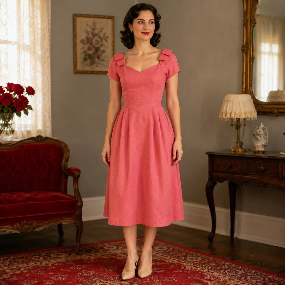 80s Vintage House of Bianchi Soft Red Midi Dress Sweetheart Bow Shoulder - M